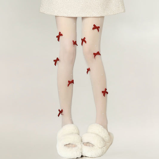Sheer Tights with Velvet Bow and Pearl Accent Details