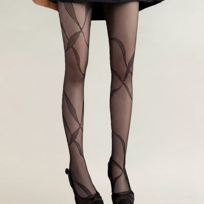Sheer Pantyhose with Abstract Leaf Line Pattern
