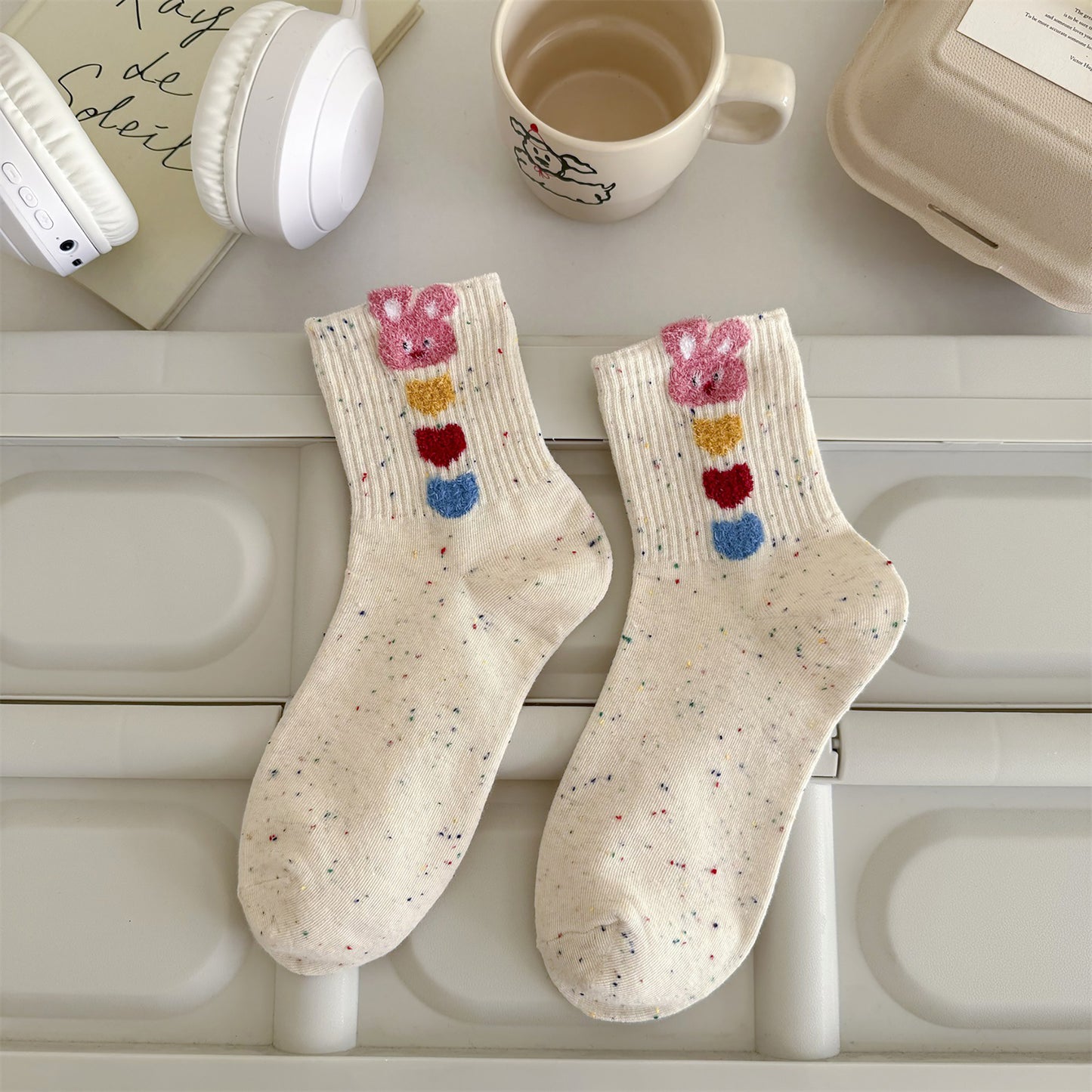 6pk Speckled Socks with Bunny Embroidery - Cute & Comfortable Mid-Calf Socks for Casual Wear
