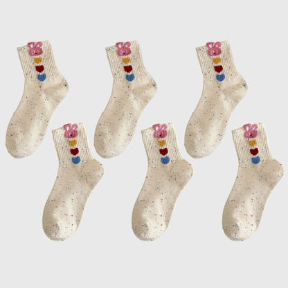 6pk Speckled Socks with Bunny Embroidery - Cute & Comfortable Mid-Calf Socks for Casual Wear