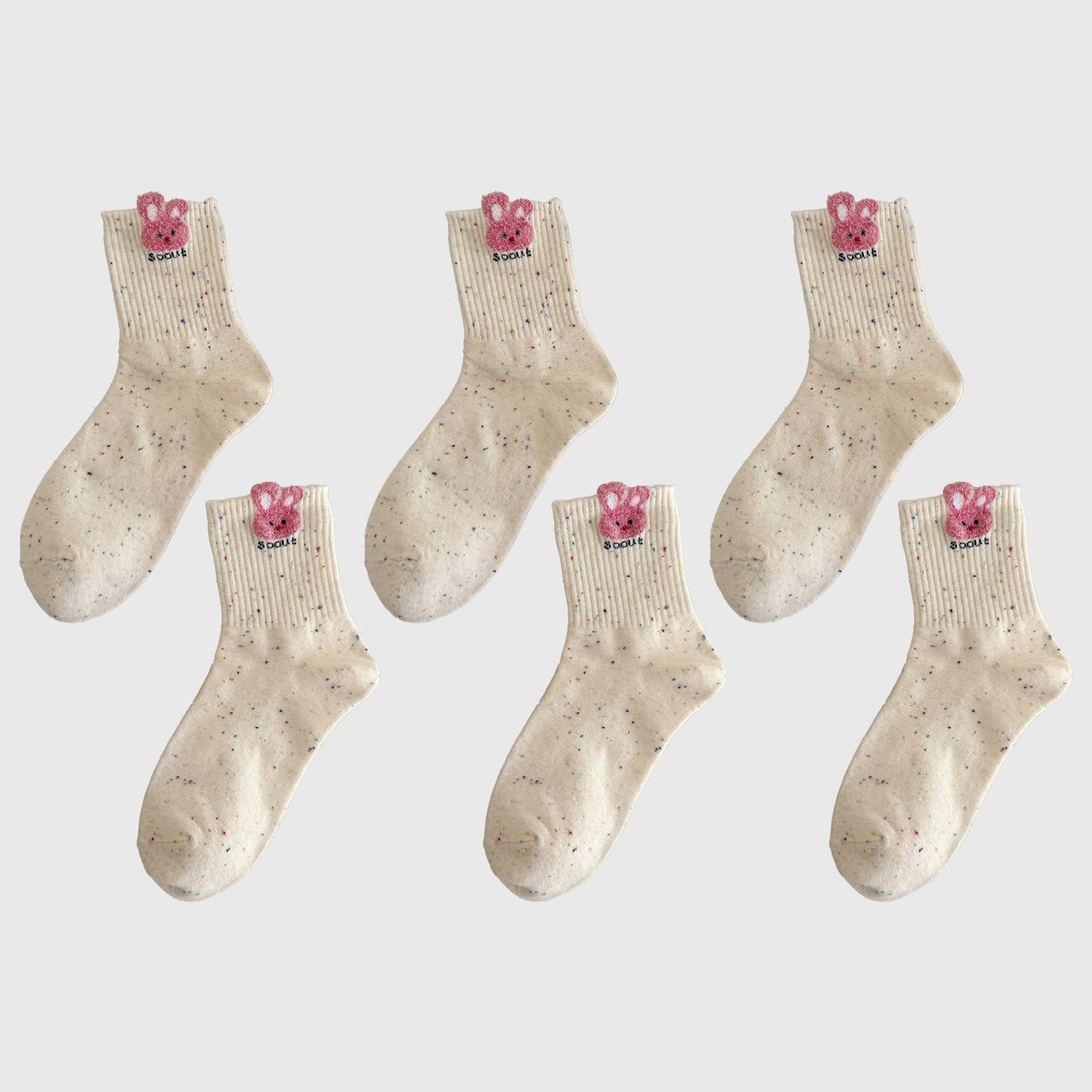 6pk Speckled Socks with Bunny Embroidery - Cute & Comfortable Mid-Calf Socks for Casual Wear