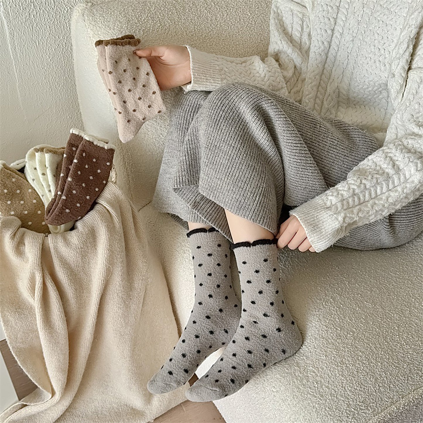 6pk Cozy Polka Dot Fuzzy Socks - Warm & Stylish Mid-Calf Socks for Winter Comfort