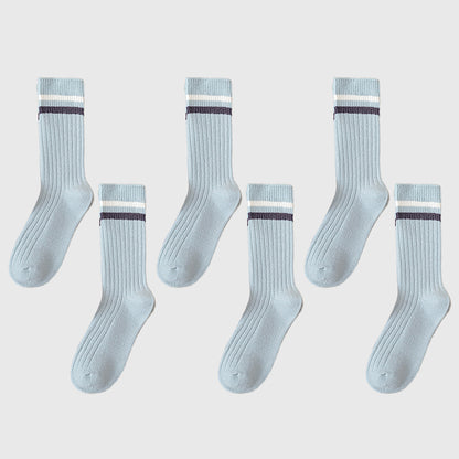 6pk Ribbed Slouch Socks with Striped Cuff - Warm & Stylish Mid-Calf Socks for Winter & Casual Wear