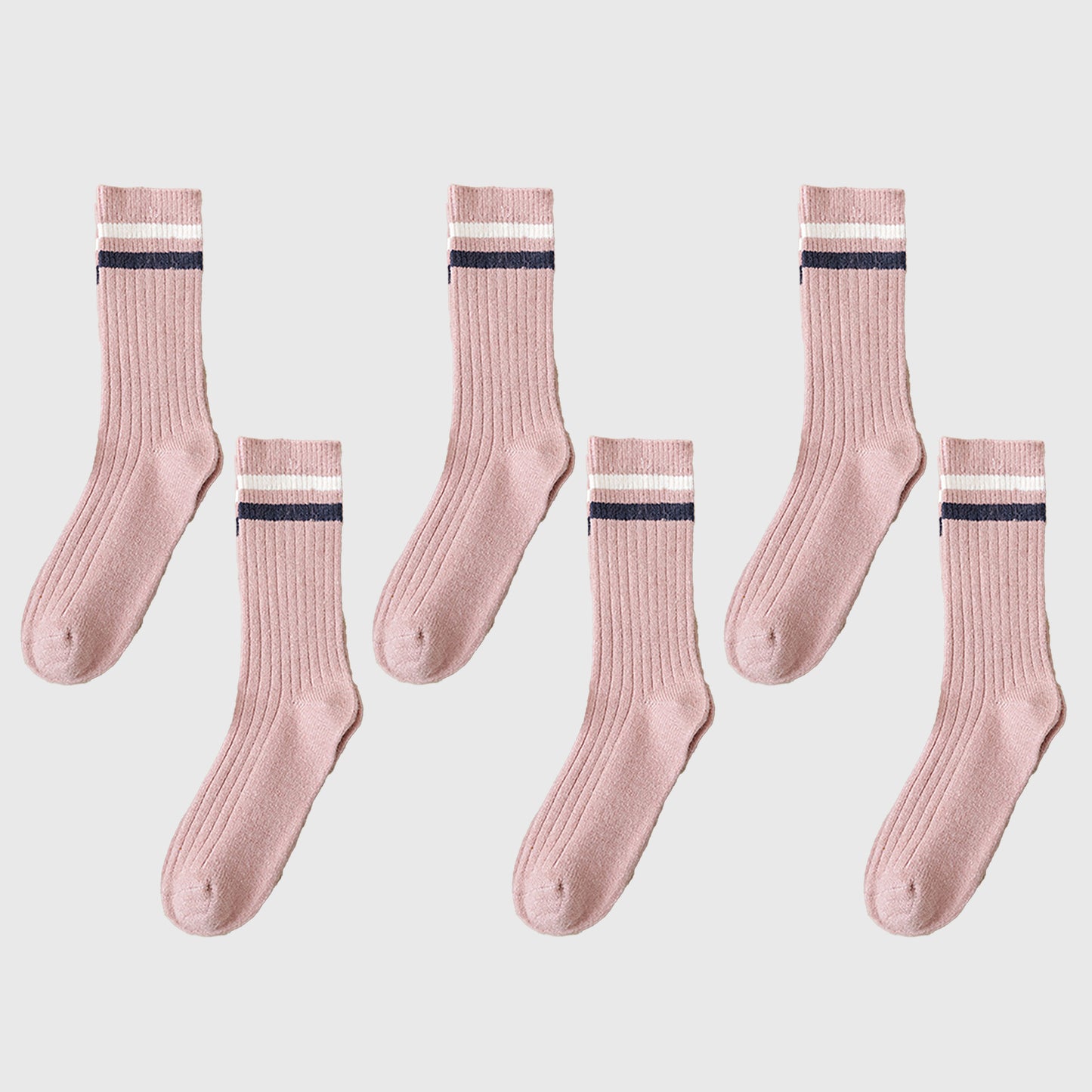 6pk Ribbed Slouch Socks with Striped Cuff - Warm & Stylish Mid-Calf Socks for Winter & Casual Wear