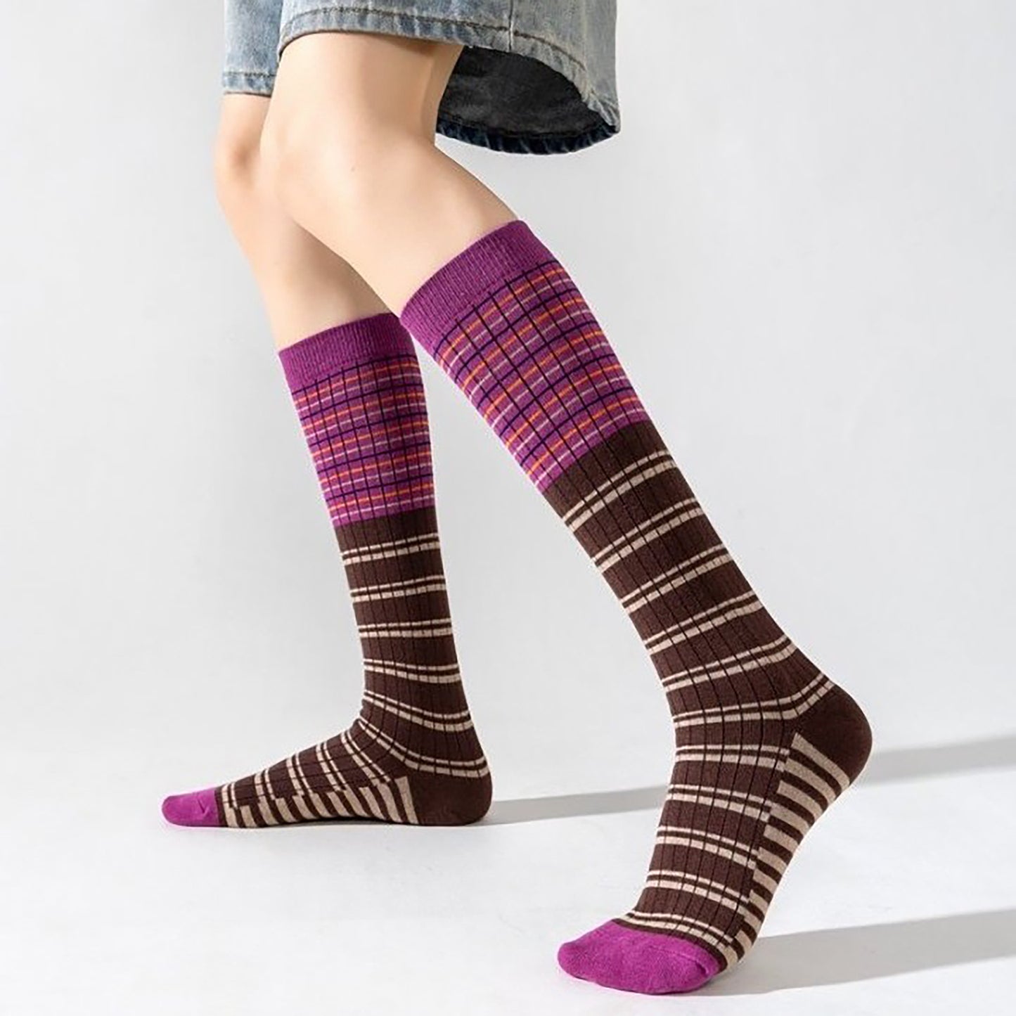 6pk Plaid Knee-High Socks - Stylish & Warm Long Socks for Casual & Dressy Outfits