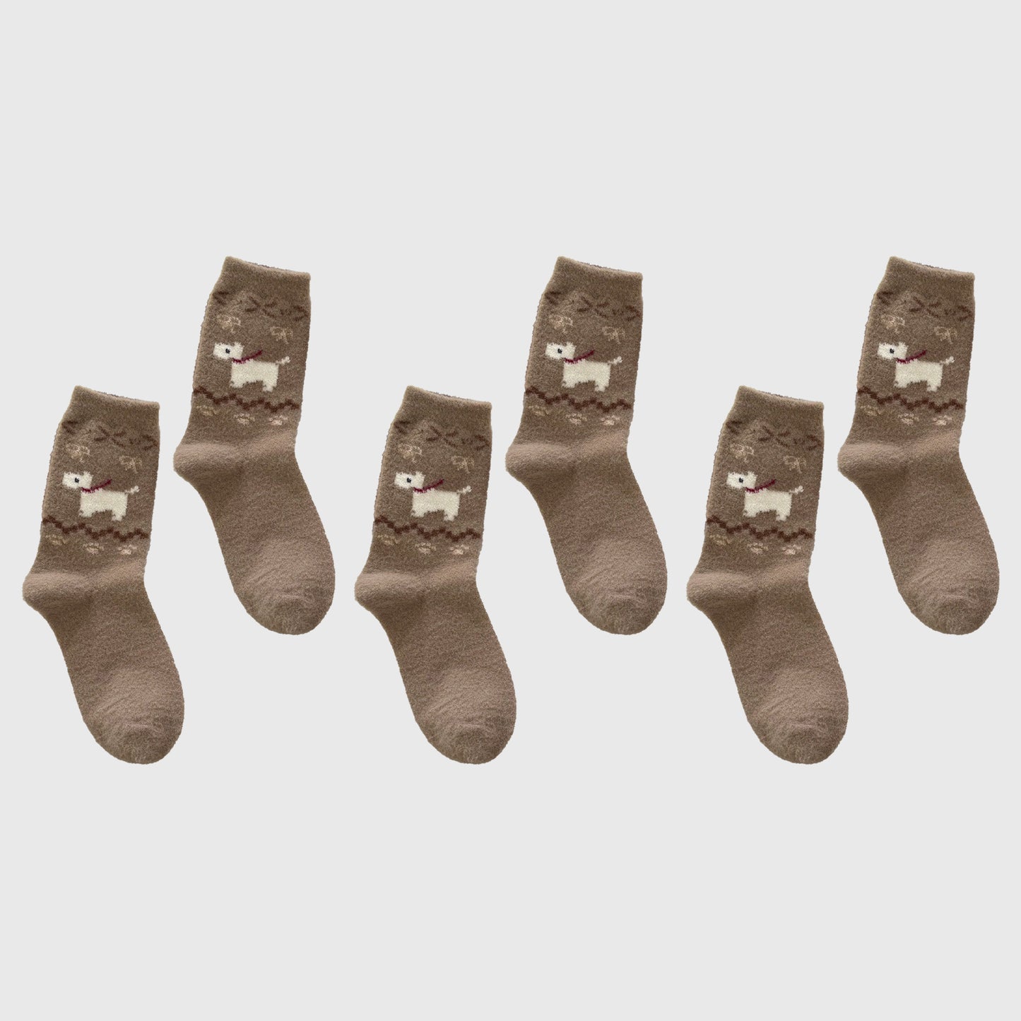 6pk Pink Fuzzy Socks with Dog Embroidery - Cute & Warm Mid-Calf Socks for Casual & Lounge Wear