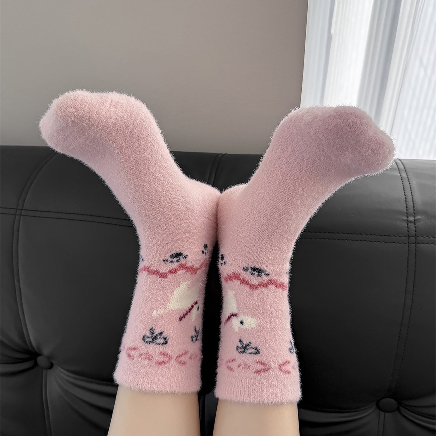 6pk Pink Fuzzy Socks with Dog Embroidery - Cute & Warm Mid-Calf Socks for Casual & Lounge Wear