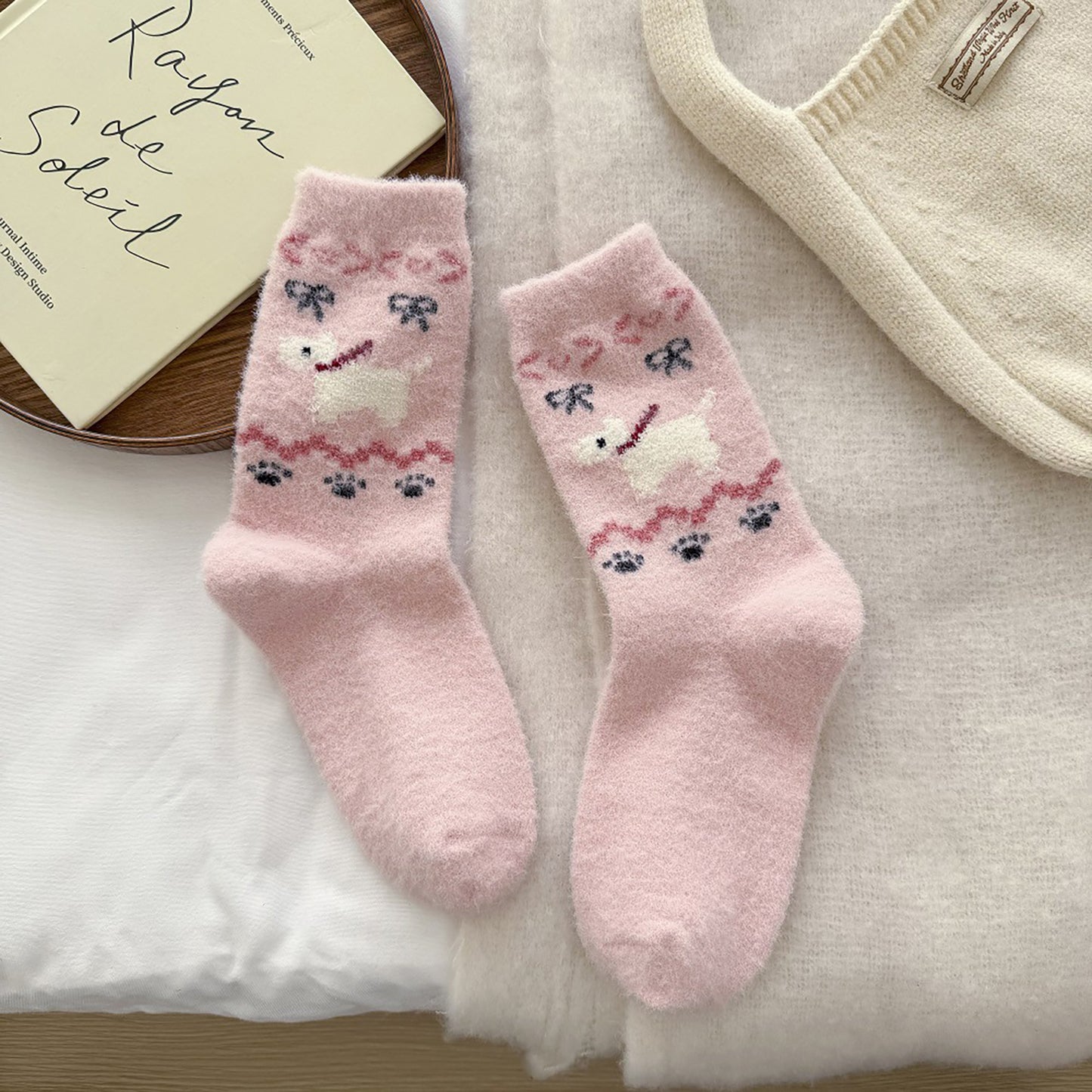 6pk Pink Fuzzy Socks with Dog Embroidery - Cute & Warm Mid-Calf Socks for Casual & Lounge Wear
