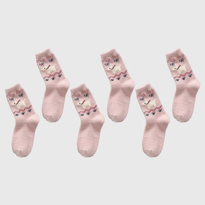 6pk Pink Fuzzy Socks with Dog Embroidery - Cute & Warm Mid-Calf Socks for Casual & Lounge Wear