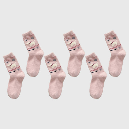 6pk Pink Fuzzy Socks with Dog Embroidery - Cute & Warm Mid-Calf Socks for Casual & Lounge Wear