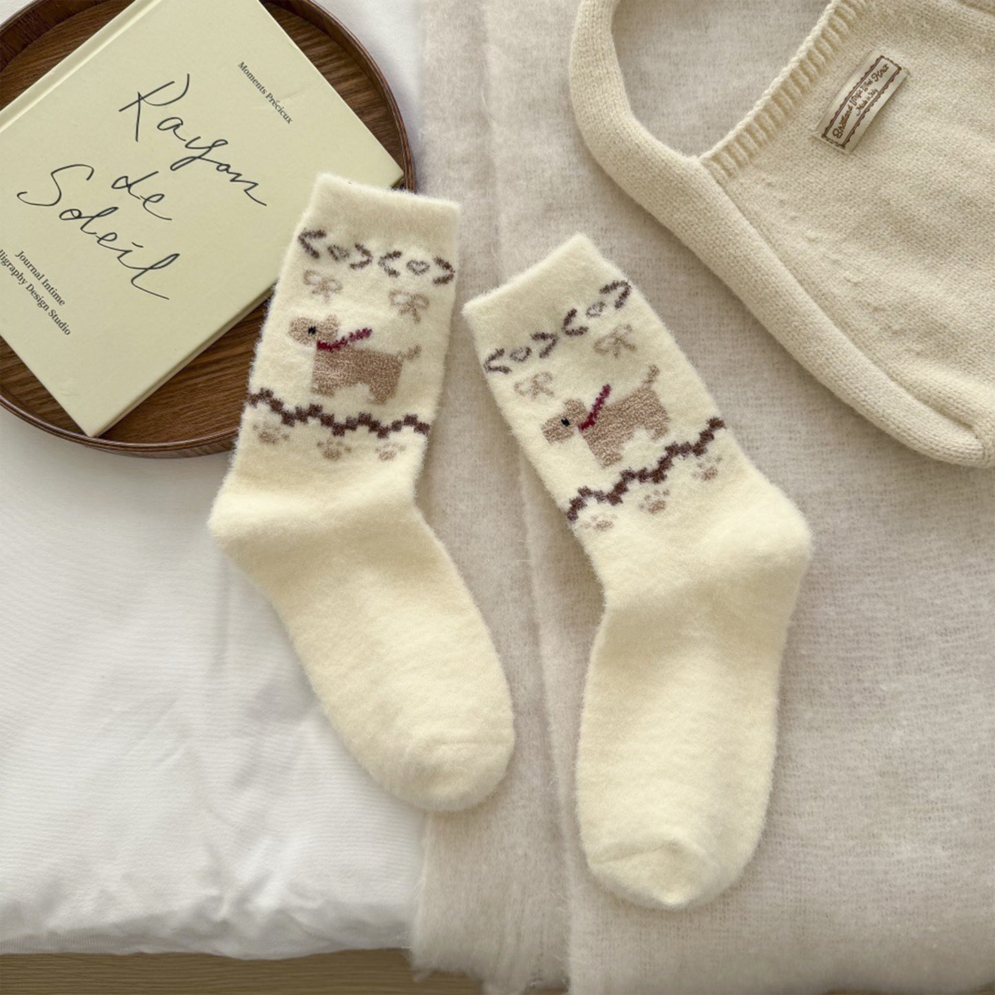6pk Pink Fuzzy Socks with Dog Embroidery - Cute & Warm Mid-Calf Socks for Casual & Lounge Wear
