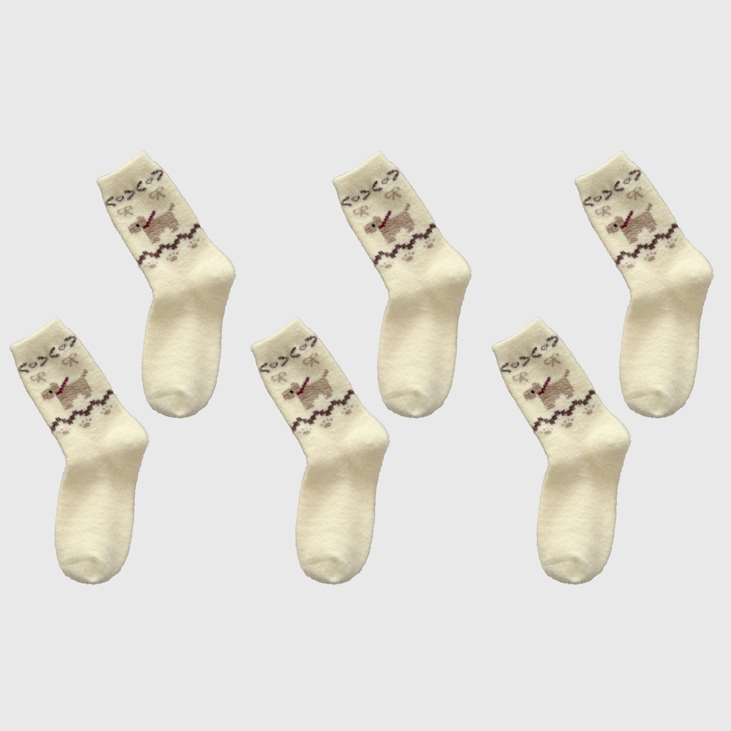 6pk Pink Fuzzy Socks with Dog Embroidery - Cute & Warm Mid-Calf Socks for Casual & Lounge Wear