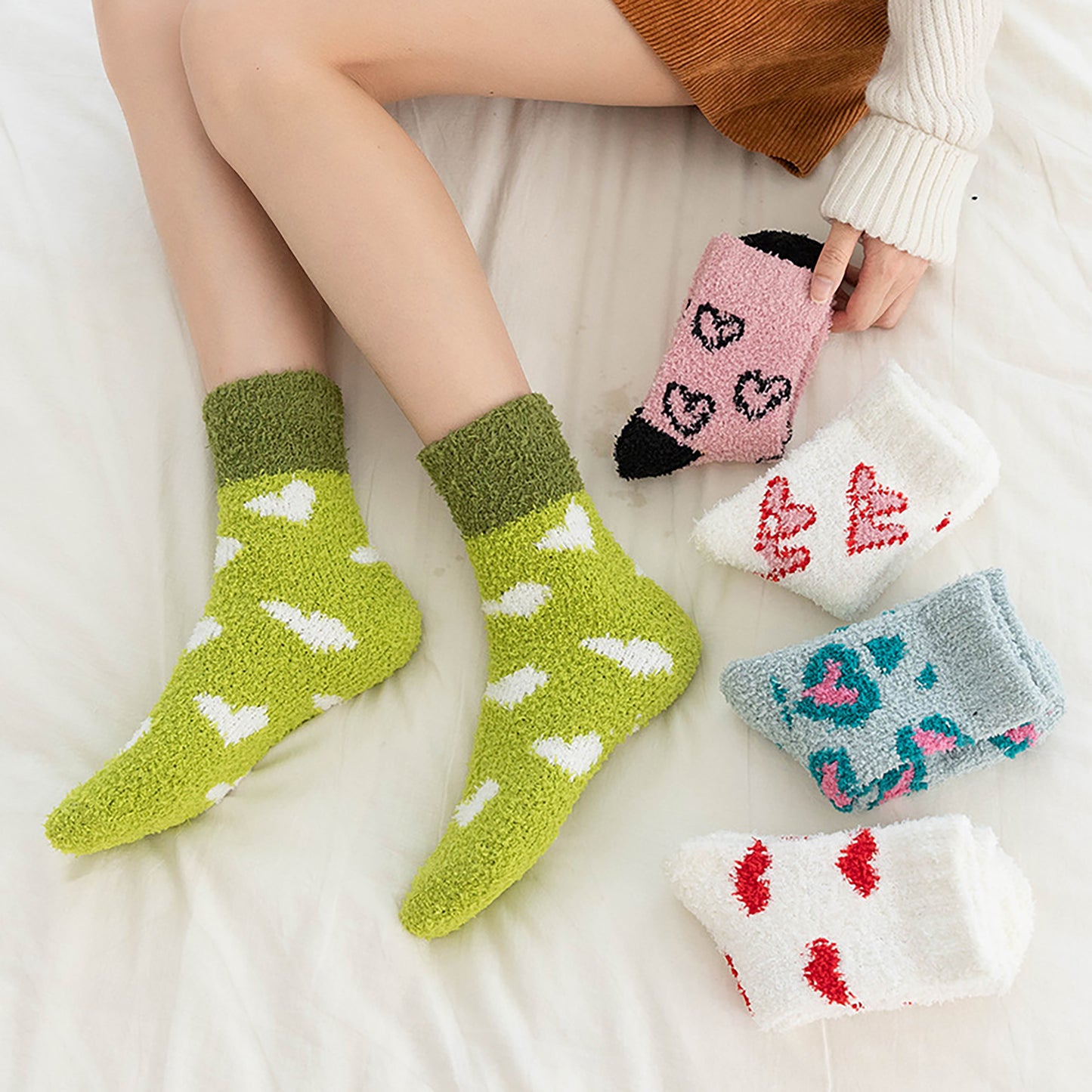 6pk Fuzzy Heart Socks - Plush Mid-Calf Socks for Cozy Lounging & Casual Wear