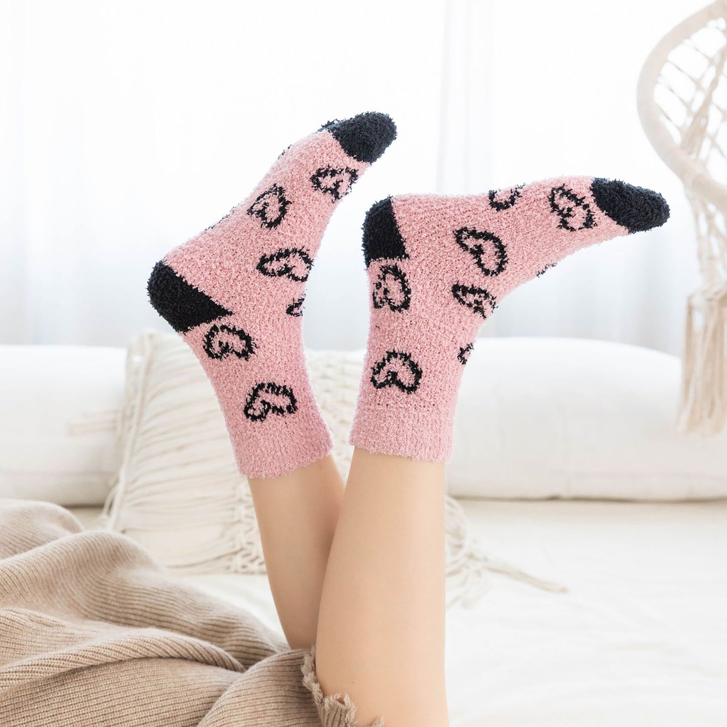 6pk Fuzzy Heart Socks - Plush Mid-Calf Socks for Cozy Lounging & Casual Wear