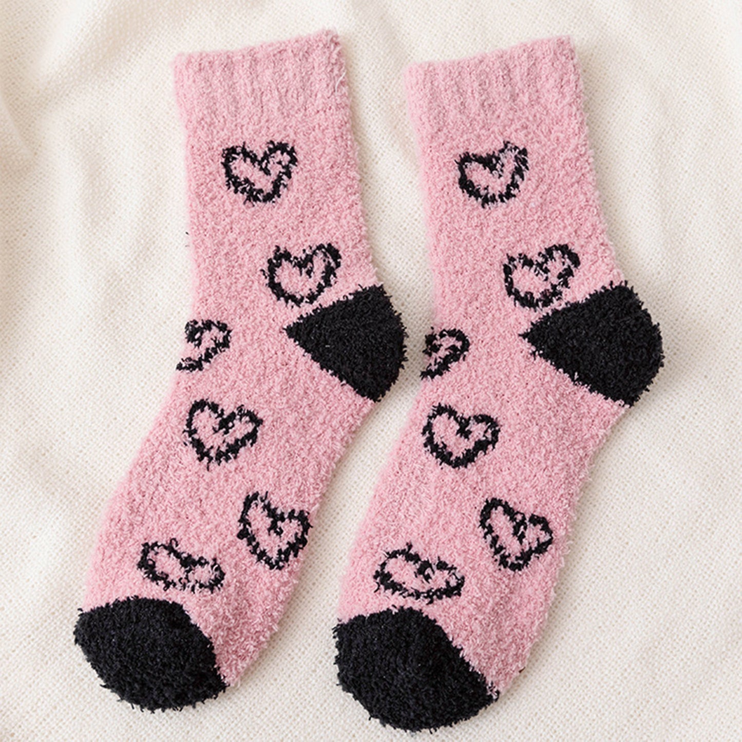 6pk Fuzzy Heart Socks - Plush Mid-Calf Socks for Cozy Lounging & Casual Wear
