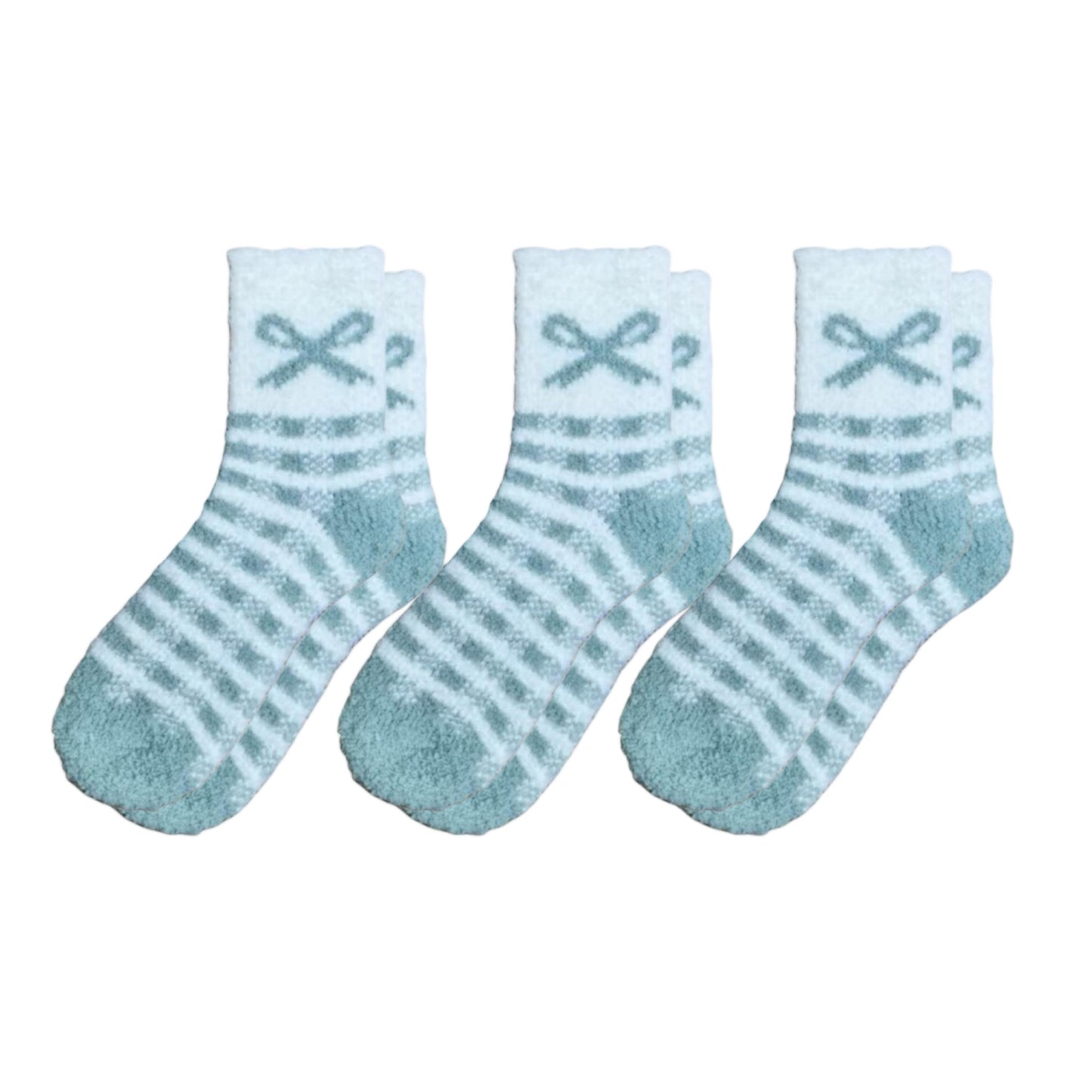 3-Pair Fuzzy Bow Knit Crew Socks Set with Plush Soft Texture, Stretchy Cozy Fabric, and Graphic Bow Pattern for Gifting