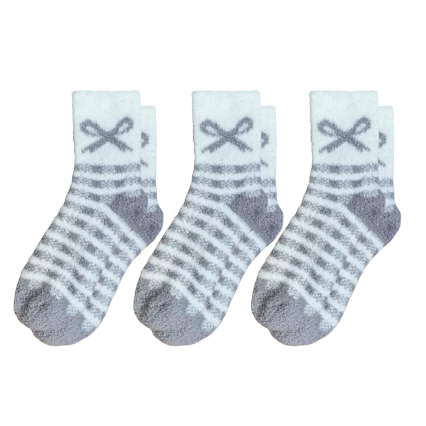 3-Pair Fuzzy Bow Knit Crew Socks Set with Plush Soft Texture, Stretchy Cozy Fabric, and Graphic Bow Pattern for Gifting