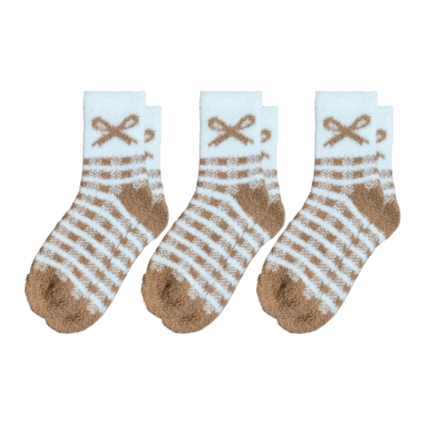 3-Pair Fuzzy Bow Knit Crew Socks Set with Plush Soft Texture, Stretchy Cozy Fabric, and Graphic Bow Pattern for Gifting