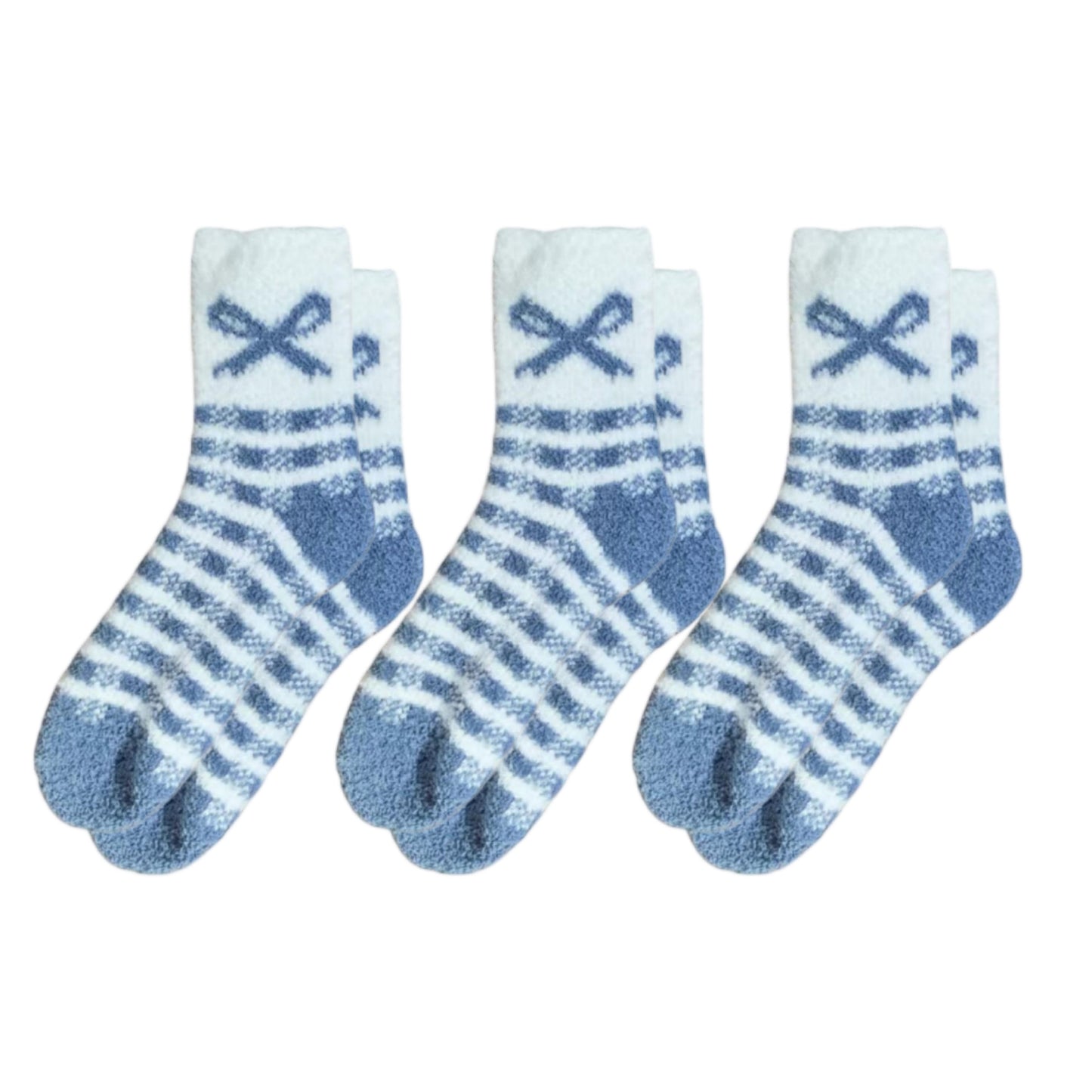 3-Pair Fuzzy Bow Knit Crew Socks Set with Plush Soft Texture, Stretchy Cozy Fabric, and Graphic Bow Pattern for Gifting