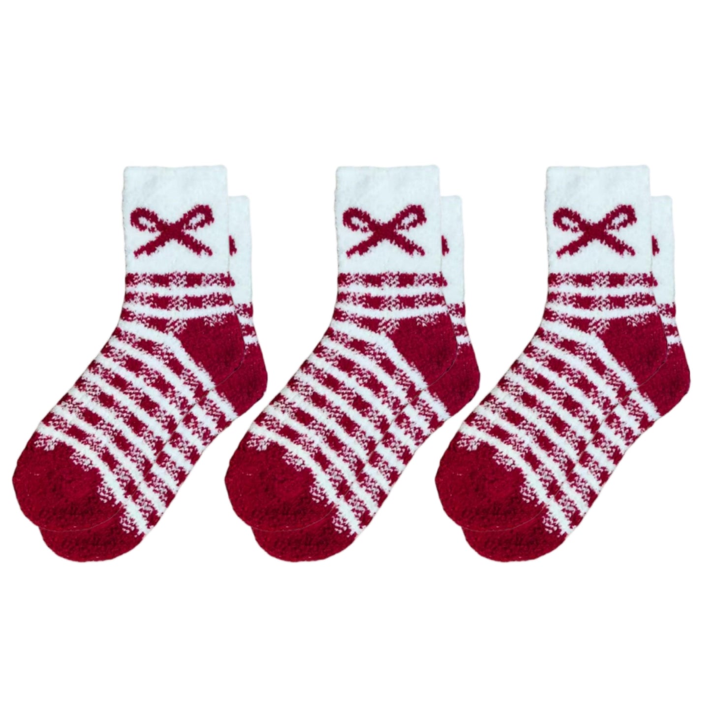 3-Pair Fuzzy Bow Knit Crew Socks Set with Plush Soft Texture, Stretchy Cozy Fabric, and Graphic Bow Pattern for Gifting