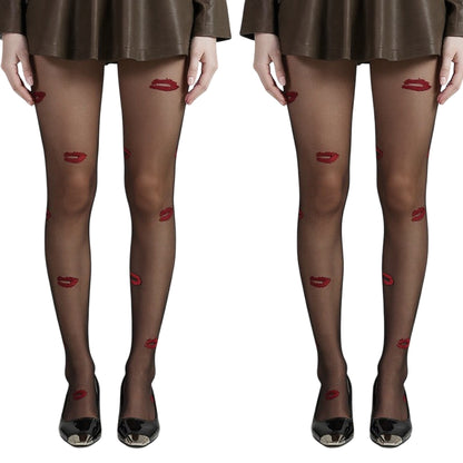 2pcs Women's Sheer Tights with Embroidered Lip Pattern Design