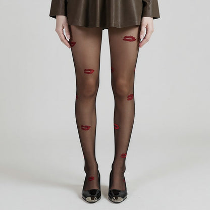 Sheer Tights with Embroidered Lip Pattern Design