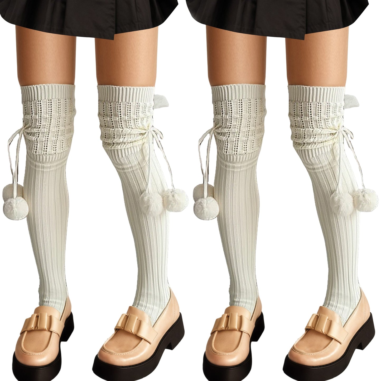 2pcs Women's Over-the-Knee Knit Socks with Pom Pom Tie and Ribbed Pattern