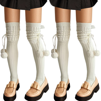 2pcs Women's Over-the-Knee Knit Socks with Pom Pom Tie and Ribbed Pattern