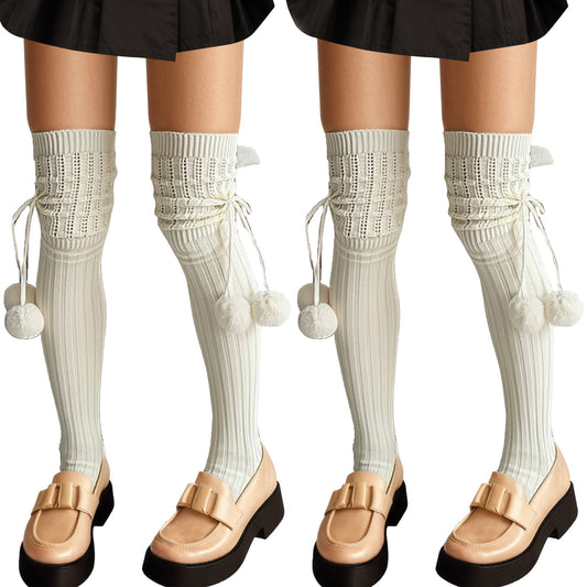 2pcs Women's Over-the-Knee Knit Socks with Pom Pom Tie and Ribbed Pattern