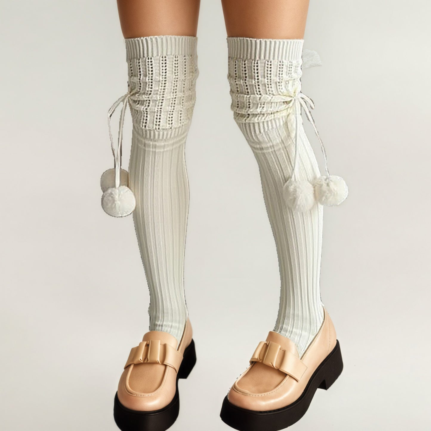 Over-the-Knee Knit Socks with Pom Pom Tie and Ribbed Pattern