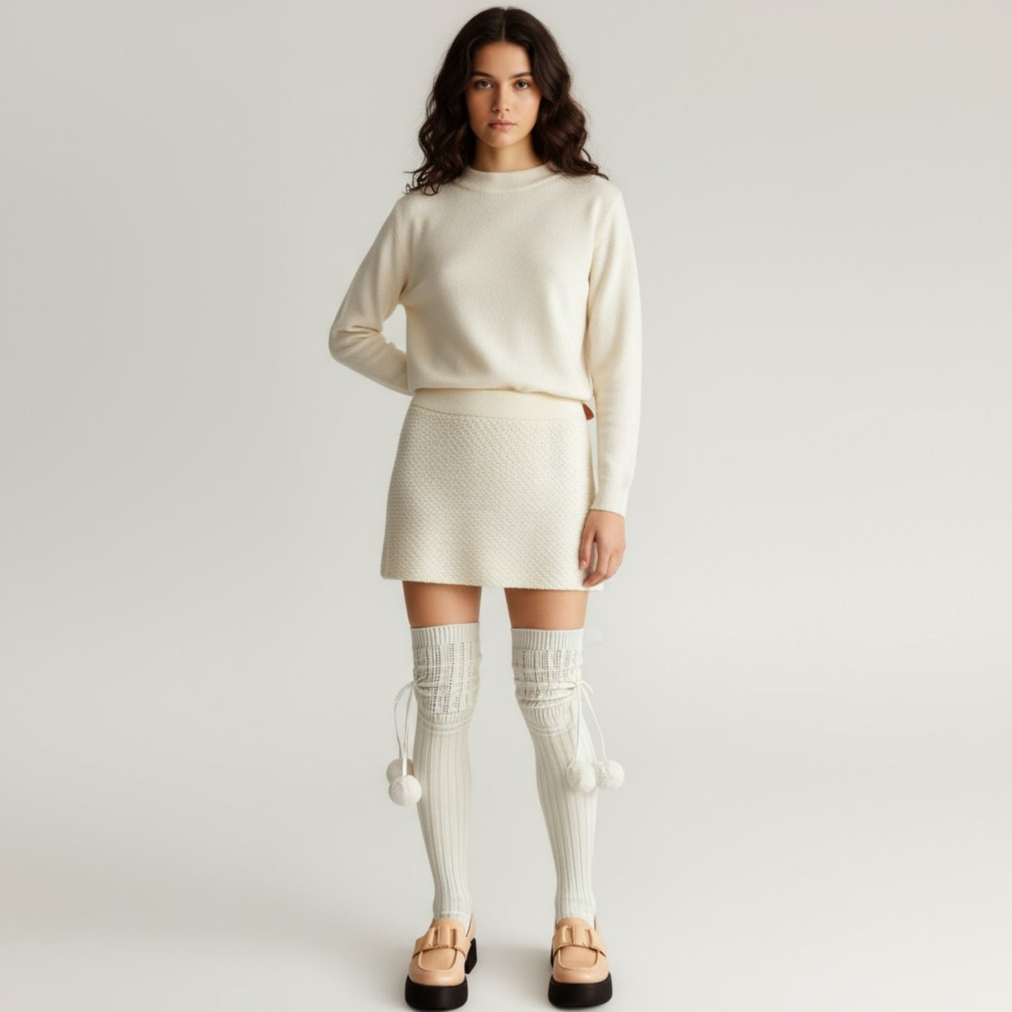 Over-the-Knee Knit Socks with Pom Pom Tie and Ribbed Pattern