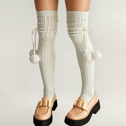 Over-the-Knee Knit Socks with Pom Pom Tie and Ribbed Pattern