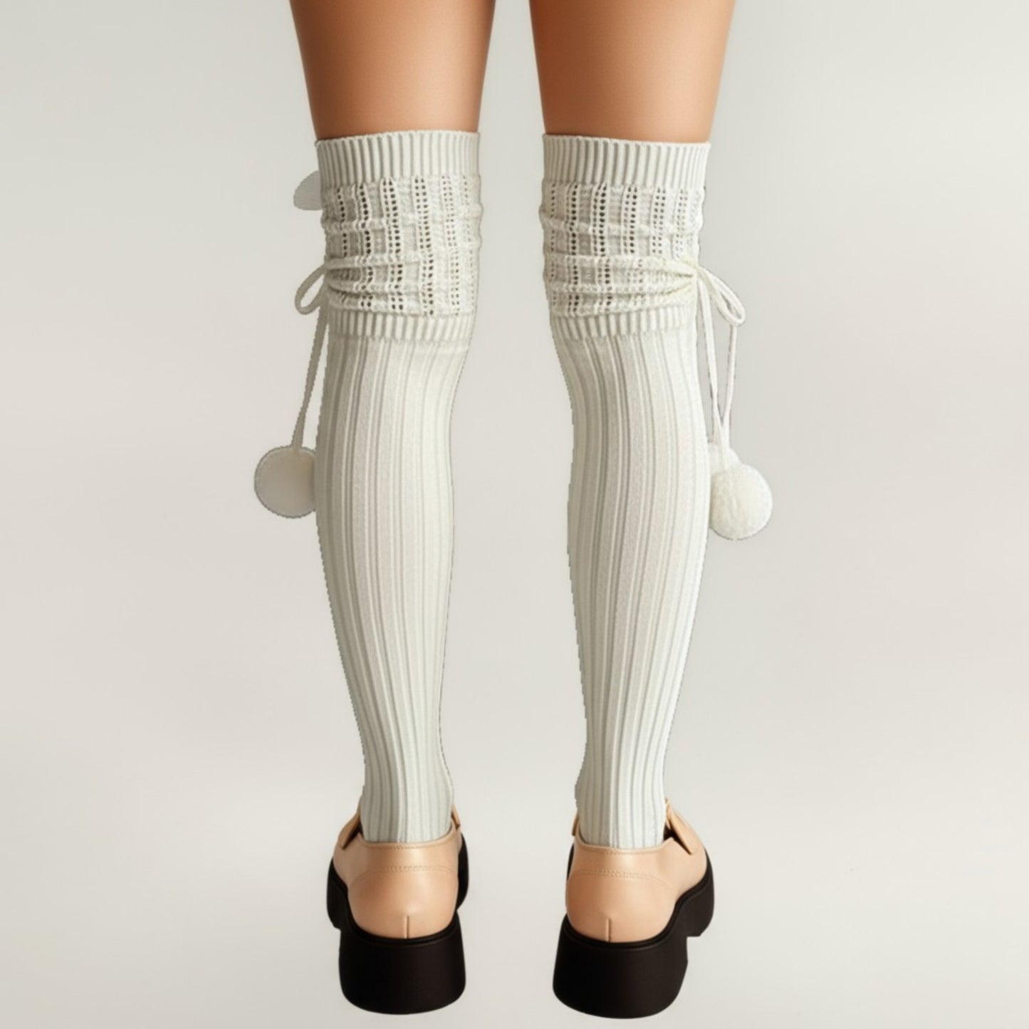 Over-the-Knee Knit Socks with Pom Pom Tie and Ribbed Pattern