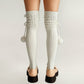 Over-the-Knee Knit Socks with Pom Pom Tie and Ribbed Pattern