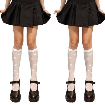 2pcs Women's Sheer Knee-High Socks with Valentine Heart Pattern Mesh Design