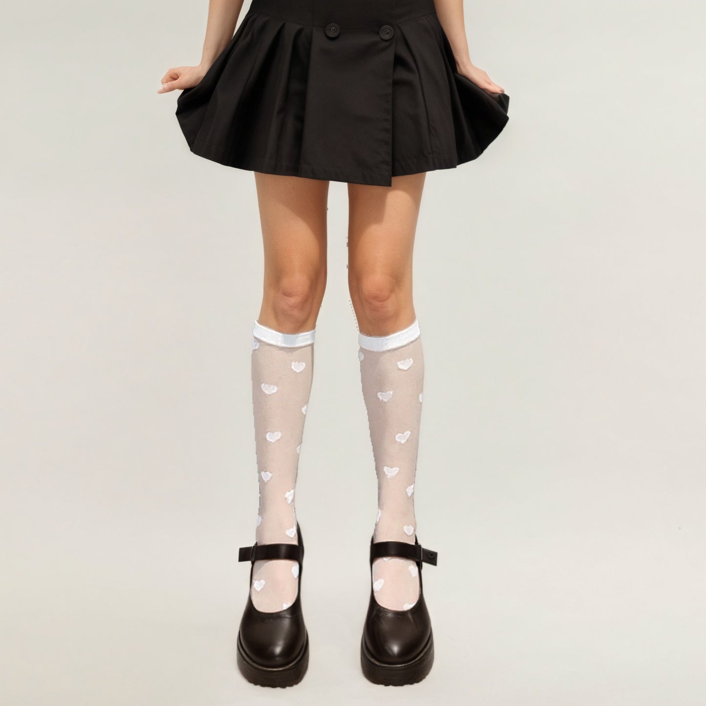 Sheer Knee-High Socks with Heart Pattern Mesh Design