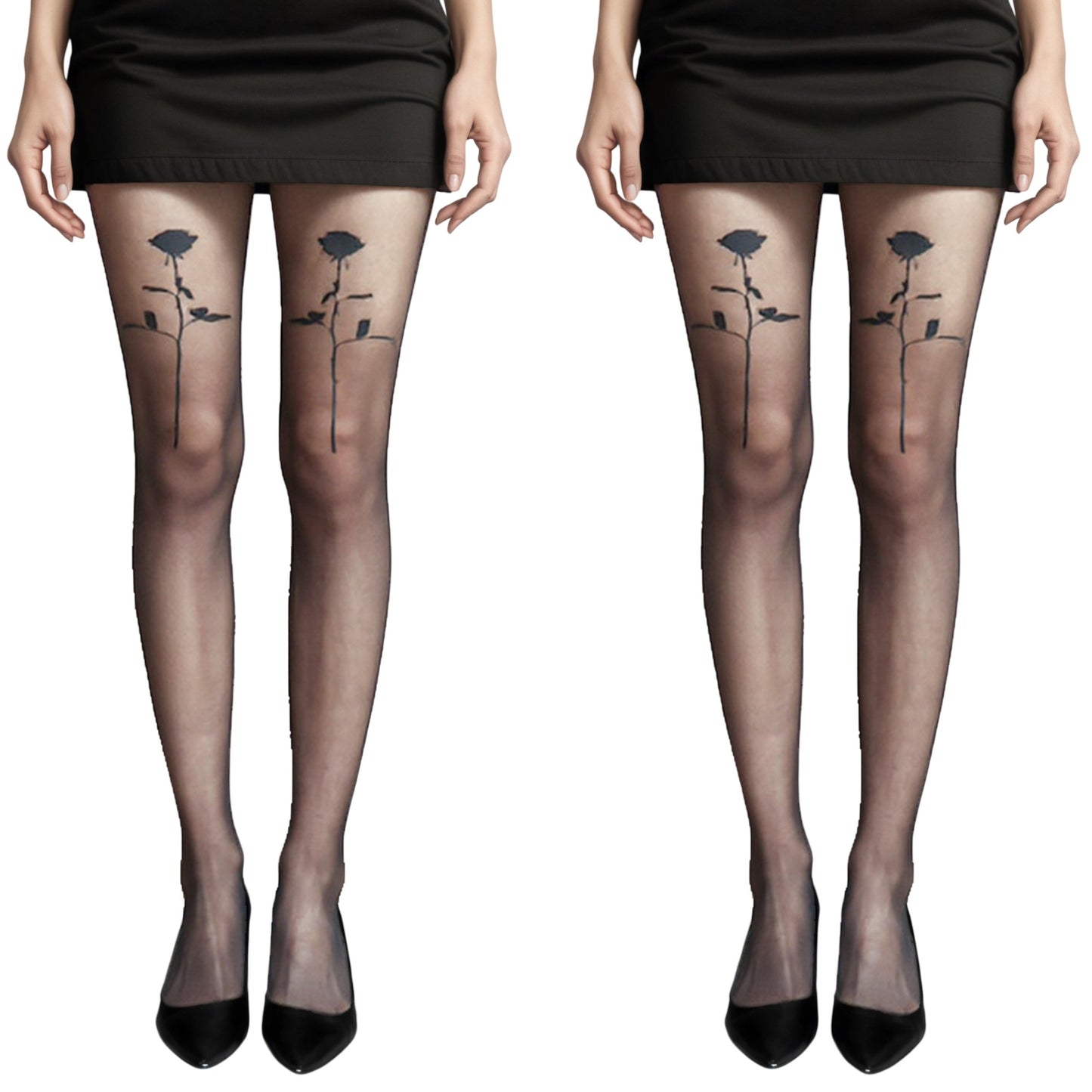 2pcs Women's Sheer Tights with Bold Floral Thigh Print Design