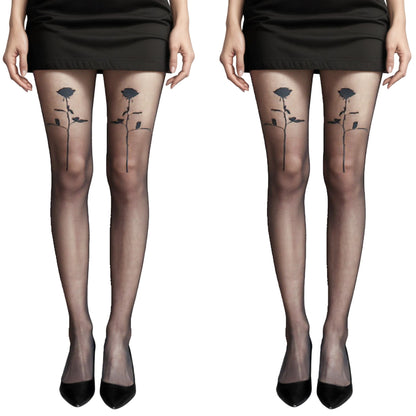 2pcs Women's Sheer Tights with Bold Floral Thigh Print Design