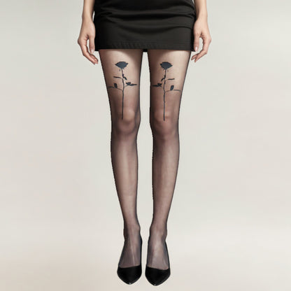 Sheer Tights with Bold Floral Thigh Print Design