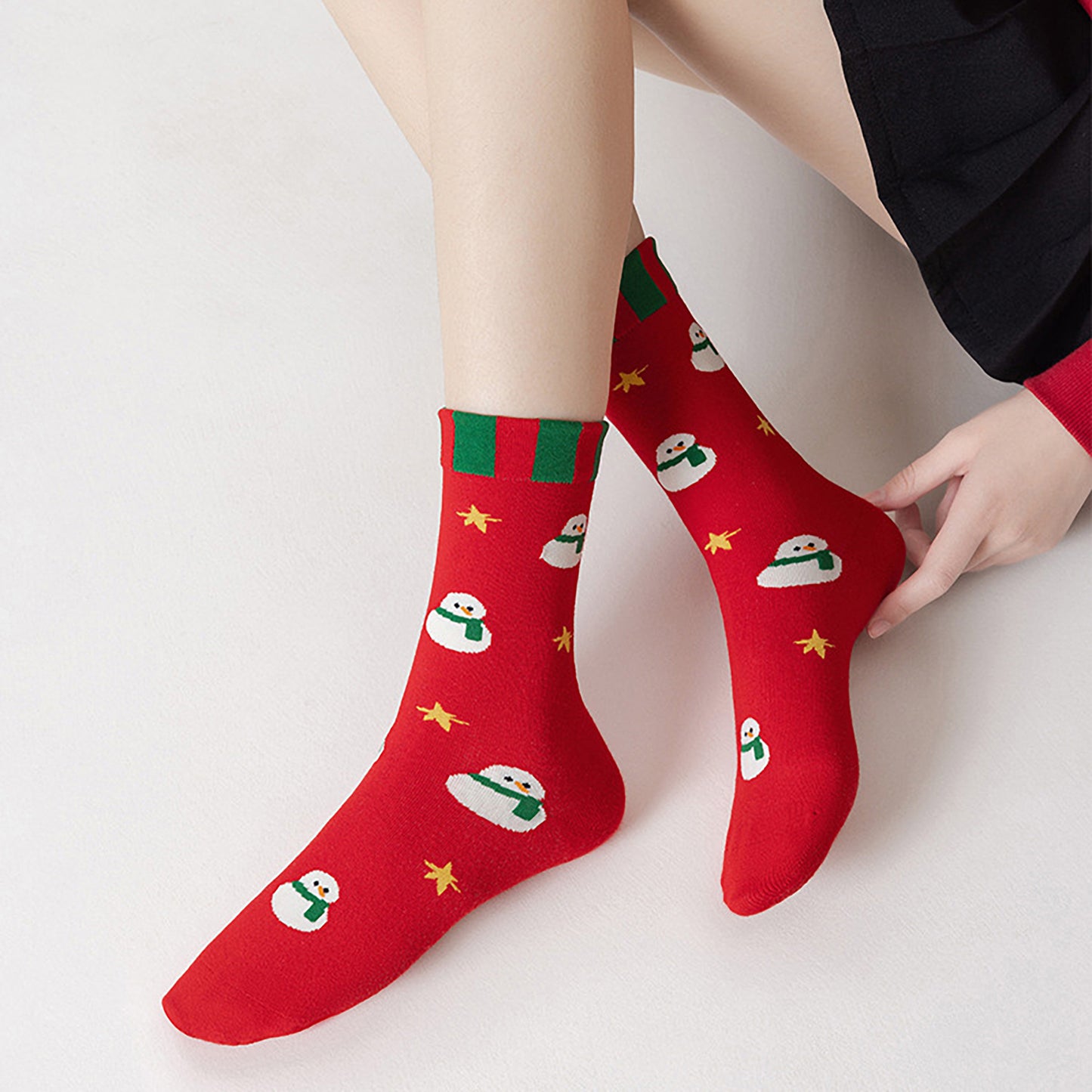 Set of 5 Christmas Pattern Crew Socks with Festive Snowman, Heart, and Tree Designs in Soft Knit Fabric for Comfortable Seasonal Wear