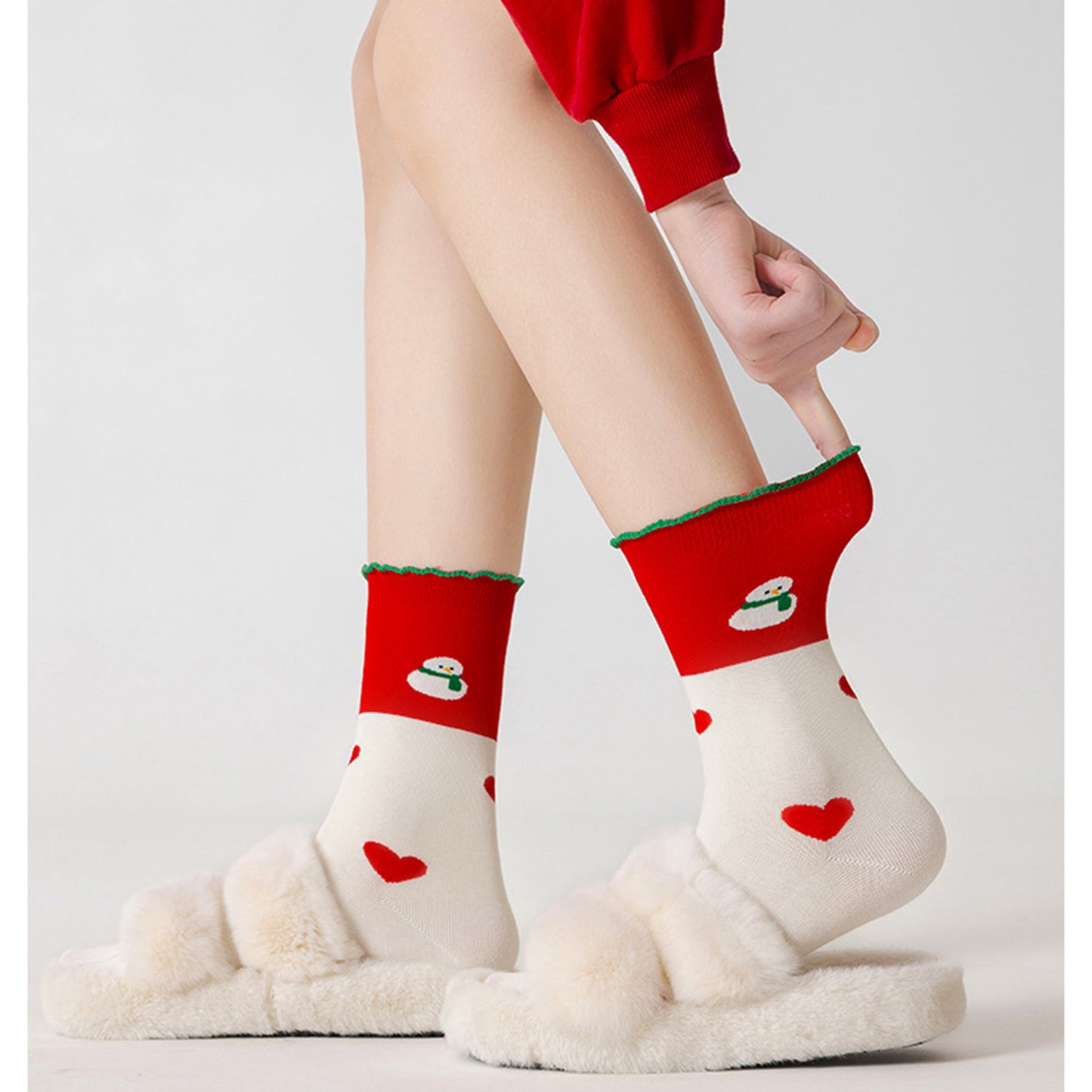 Set of 5 Christmas Pattern Crew Socks with Festive Snowman, Heart, and Tree Designs in Soft Knit Fabric for Comfortable Seasonal Wear