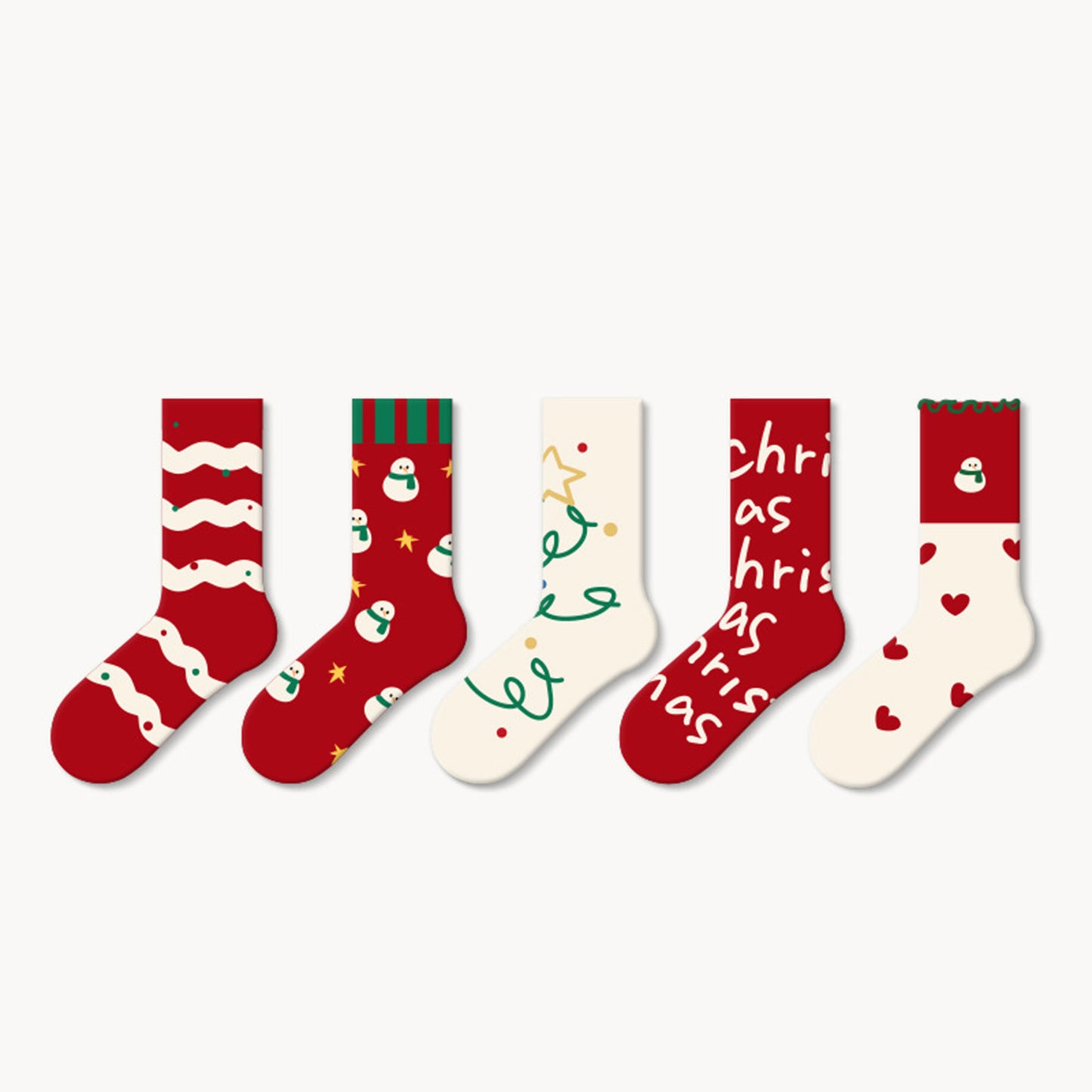 Set of 5 Christmas Pattern Crew Socks with Festive Snowman, Heart, and Tree Designs in Soft Knit Fabric for Comfortable Seasonal Wear