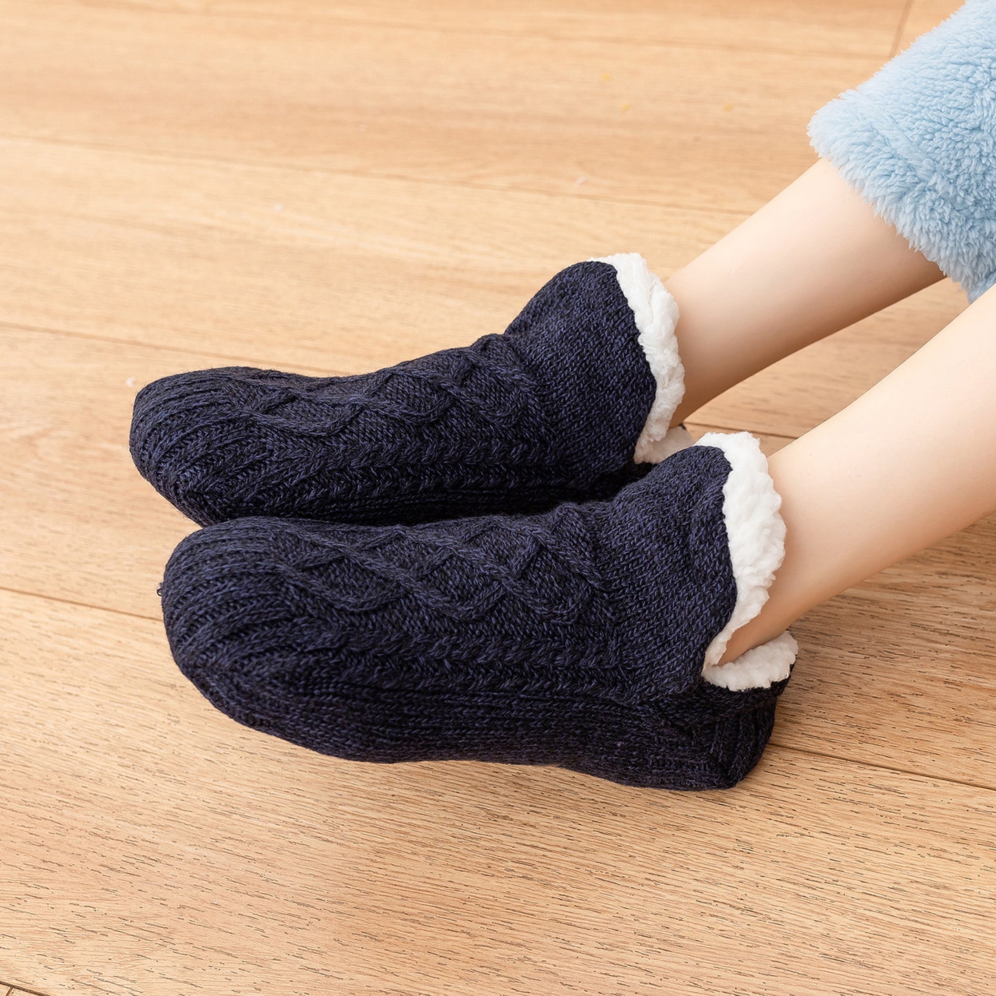 Cozy Cable Knit Plush-Lined Slipper Socks with Soft Warm Interior, Non-Slip Grips, and Flexible Low-Cut Fit