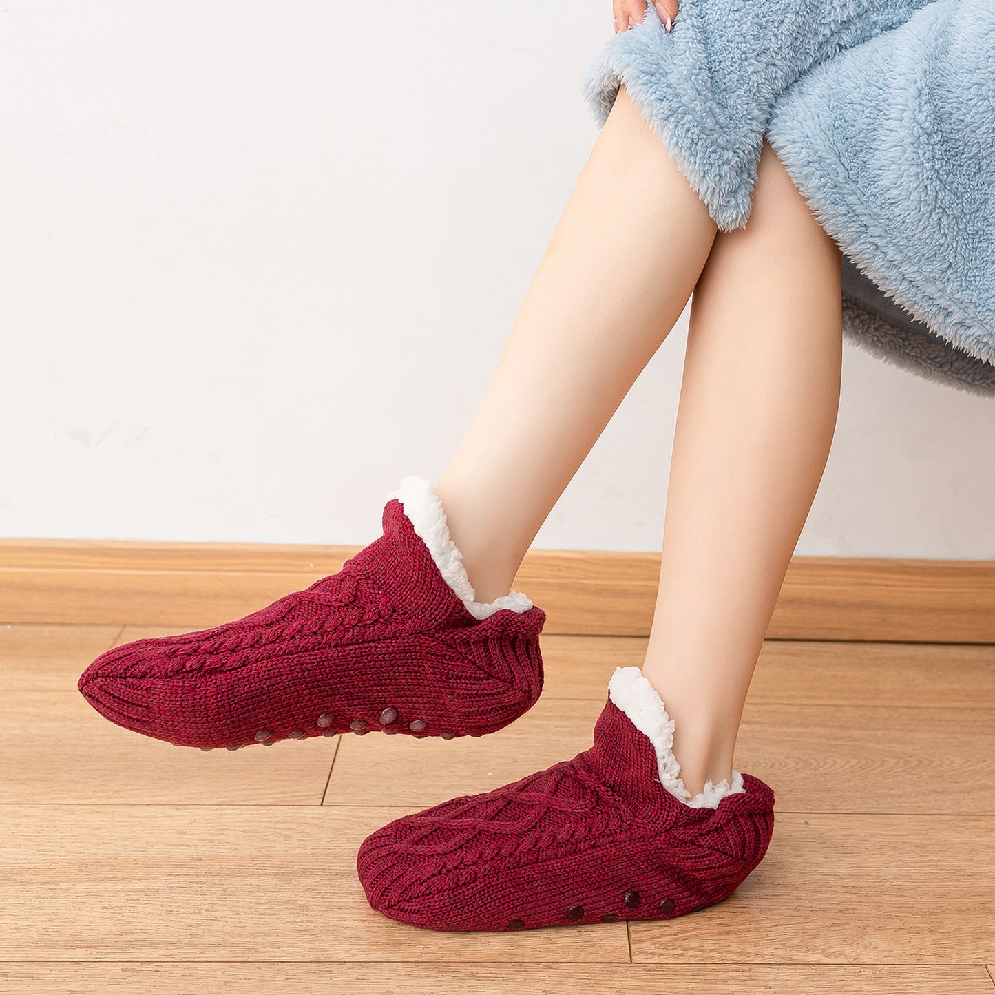Cozy Cable Knit Plush-Lined Slipper Socks with Soft Warm Interior, Non-Slip Grips, and Flexible Low-Cut Fit