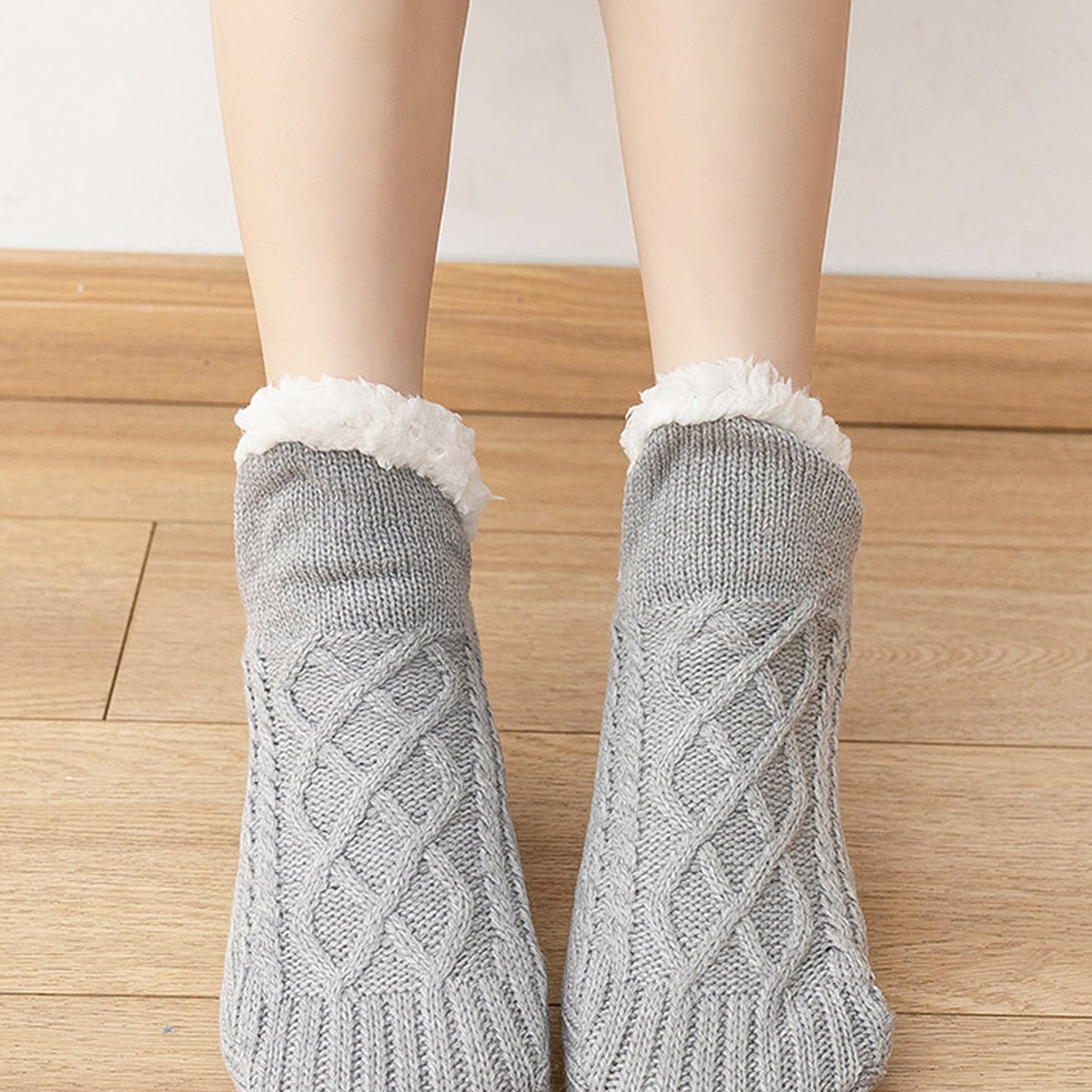 Cozy Cable Knit Plush-Lined Slipper Socks with Soft Warm Interior, Non-Slip Grips, and Flexible Low-Cut Fit