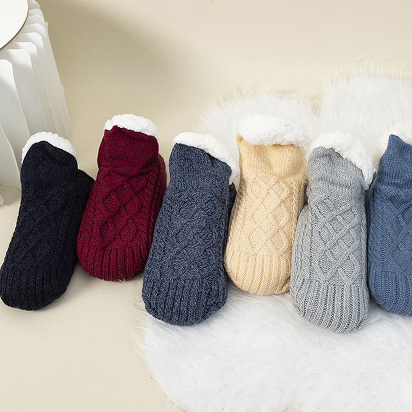 Cozy Cable Knit Plush-Lined Slipper Socks with Soft Warm Interior, Non-Slip Grips, and Flexible Low-Cut Fit