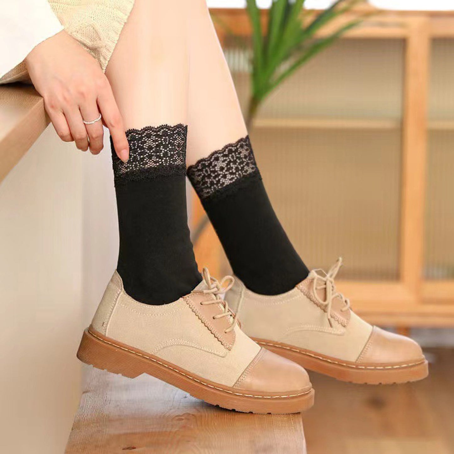 Lace Trim Crew Socks 3-pair Set Soft Knit Stretchy Dress Socks with Decorative Cuff
