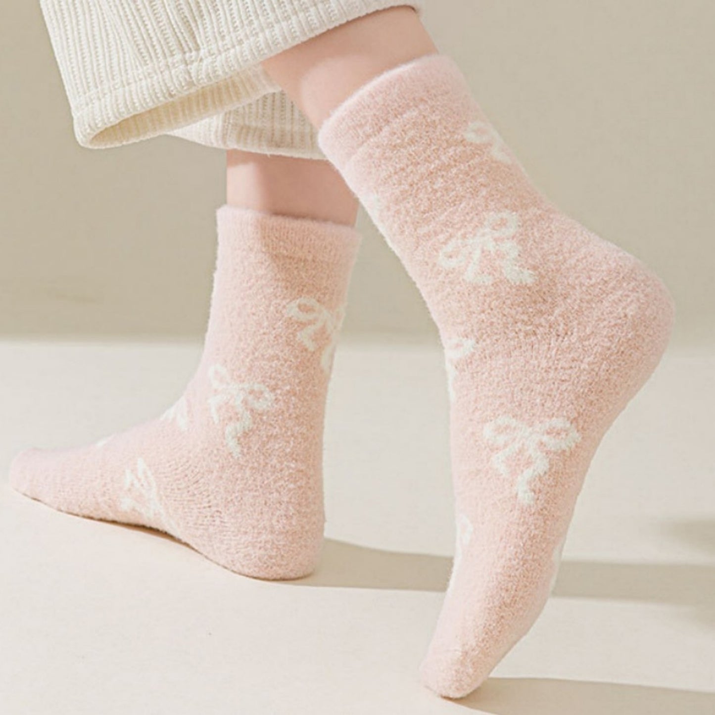 3-Pair Women's Soft Knit Crew Socks with Allover Bow Pattern Stretch Fabric Cozy Comfort Set