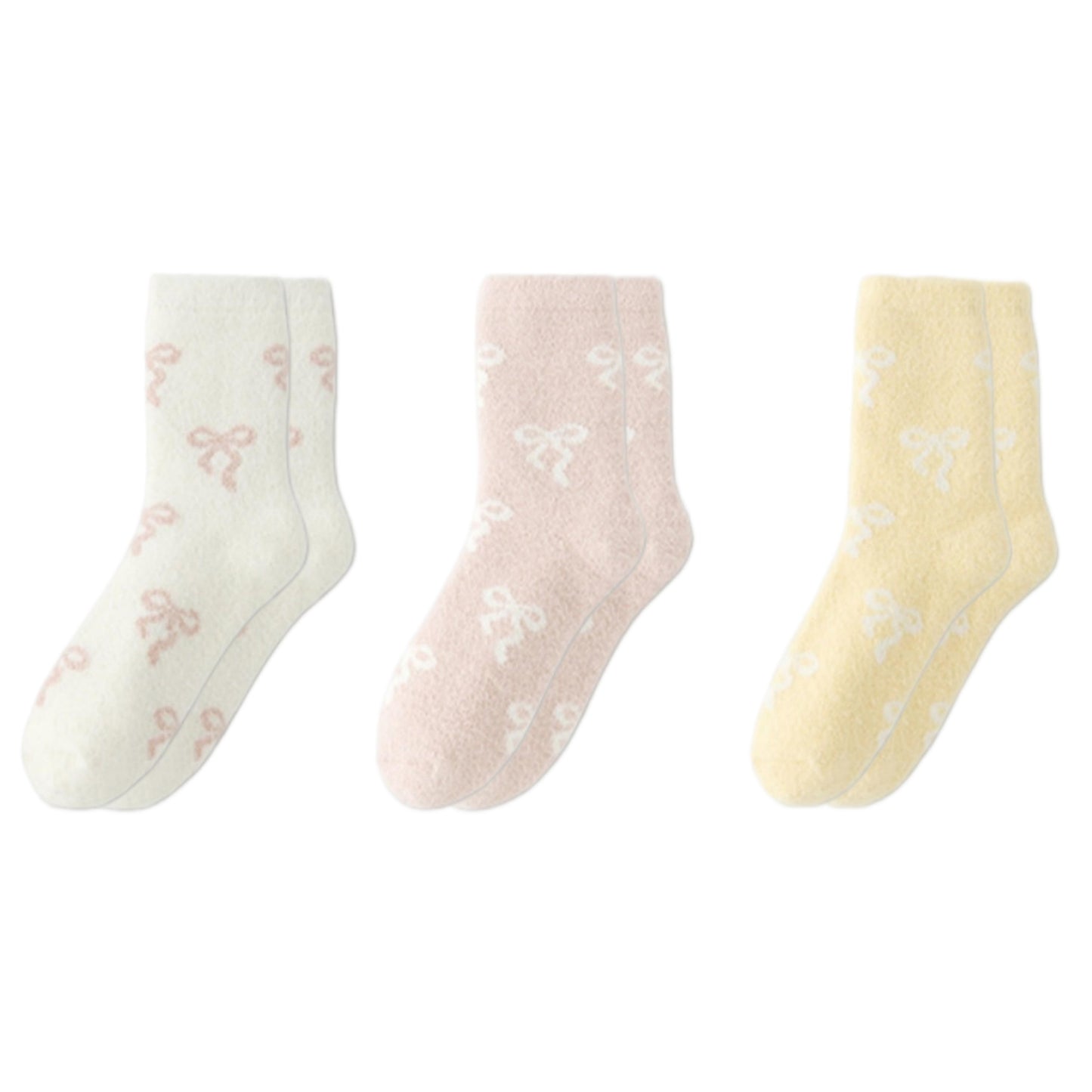 3-Pair Women's Soft Knit Crew Socks with Allover Bow Pattern Stretch Fabric Cozy Comfort Set