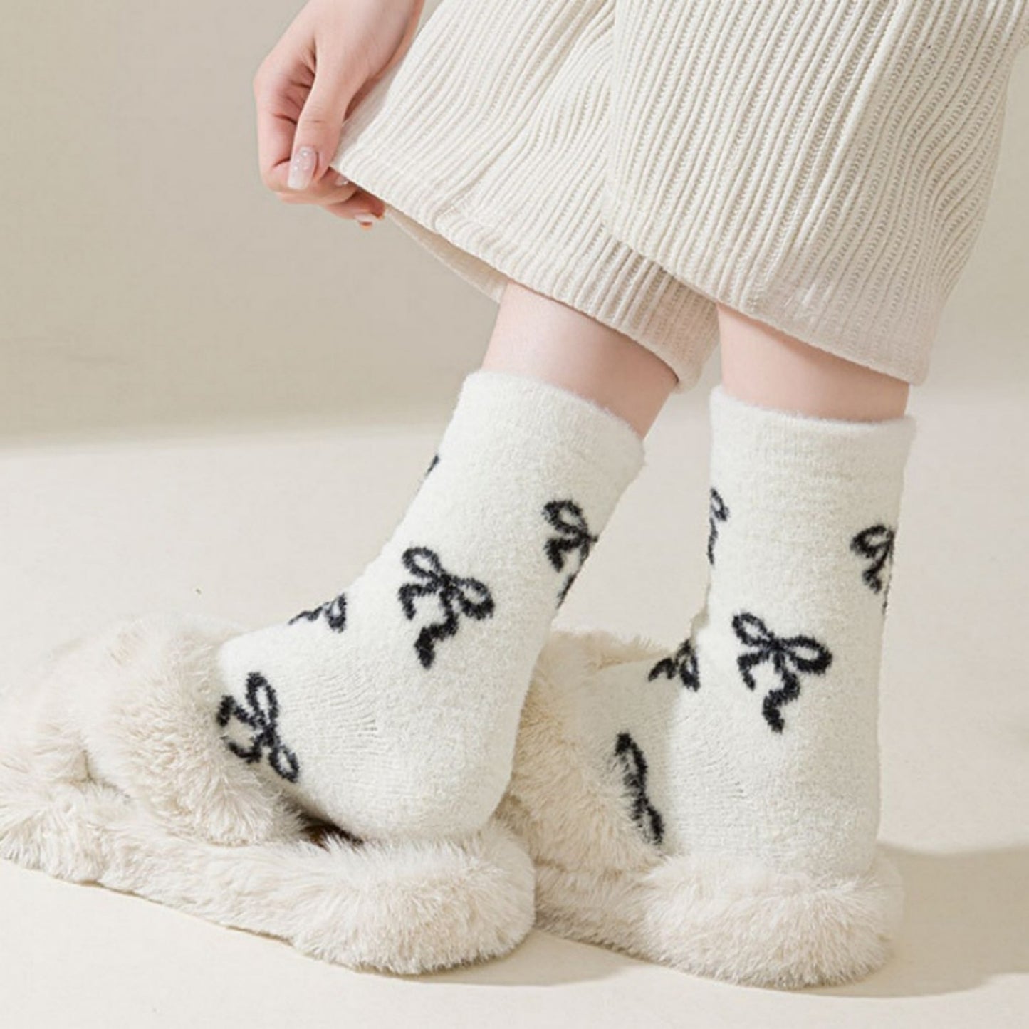 3-Pair Women's Soft Knit Crew Socks with Allover Bow Pattern Stretch Fabric Cozy Comfort Set